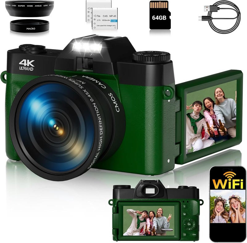 SMARTKLIK 4K Digital Camera for Photography Autofocus 75MP 16X Digital Zoom with 3'' 180° Flip Screen Vlogging YouTube Video Students Compact Cameras with 2 Batteries 64GB Micro SD Card(DeepGreen) - Image 1